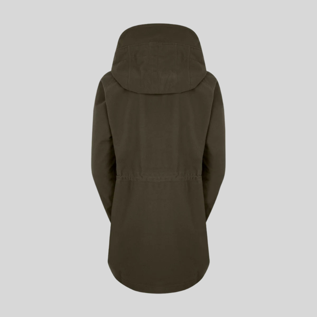back view of A green full-zip waterproof jacket with a hood on a white background