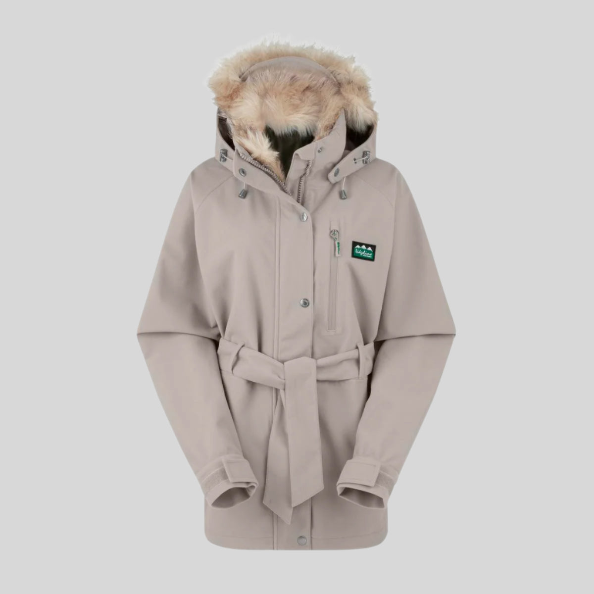 A beige Monsoon Nordic jacket with a faux-fur collar, belt at the waist, front zip, and a deep hood, designed for waterproof and breathable performance.