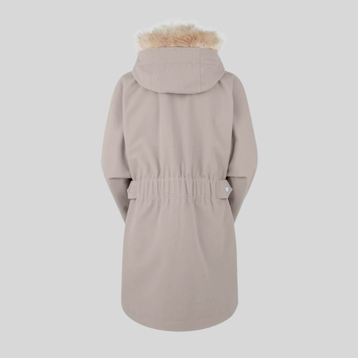 back view of A beige Monsoon Nordic jacket with a faux-fur collar, belt at the waist, front zip, and a deep hood, designed for waterproof and breathable performance.