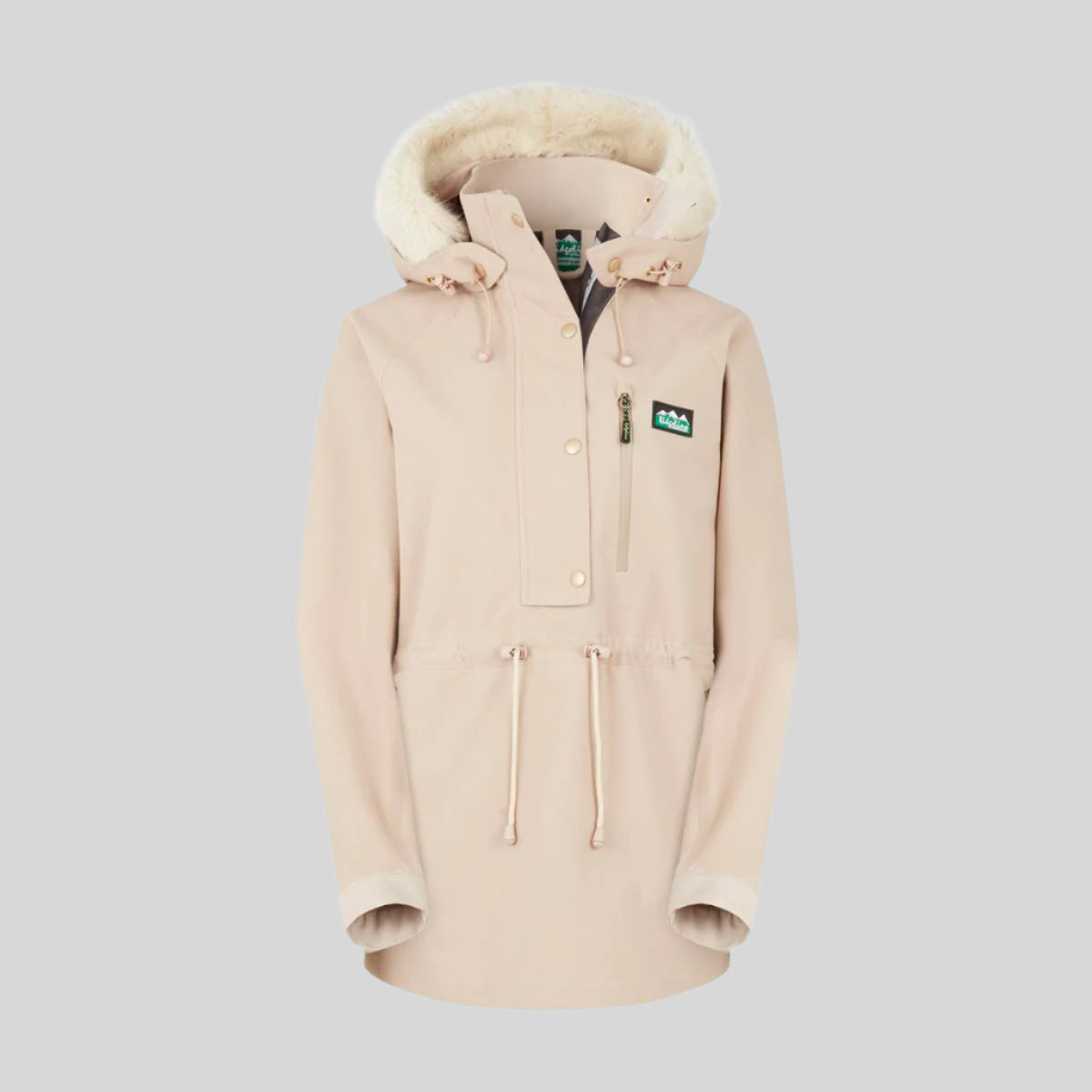 A beige Monsoon Nordic Smock jacket with a faux-fur collar, half-length front zip, and a deep, wired hood. on a white background