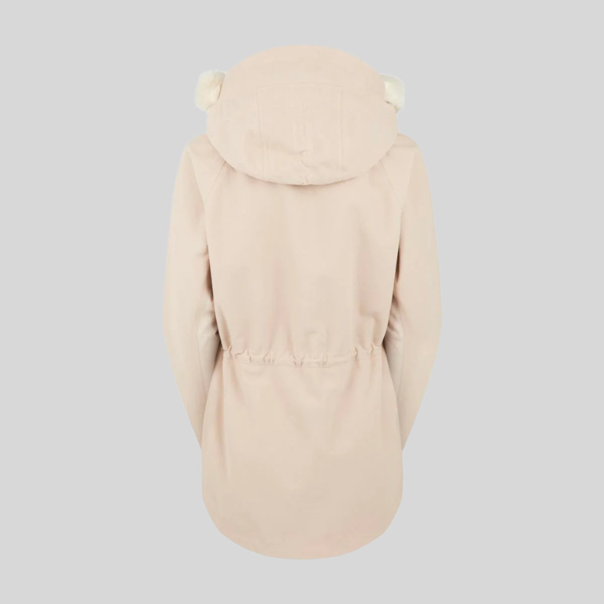 back view of A beige Monsoon Nordic Smock jacket with a faux-fur collar. on a white background