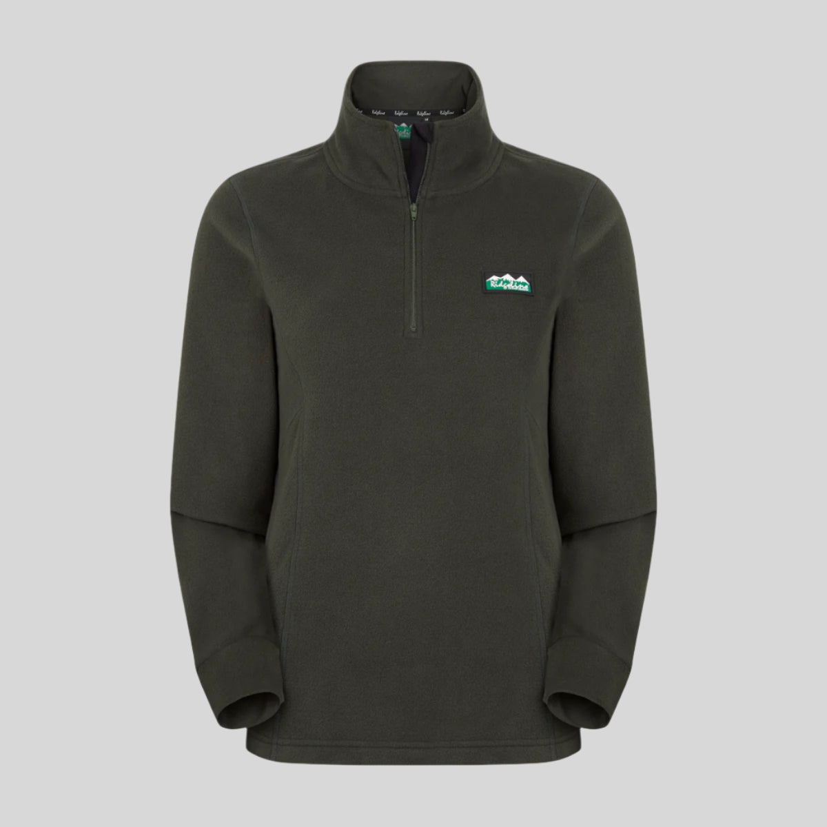A green fleece sweatshirt with a half zipper and a Ridgeline Clothing logo on the chest.