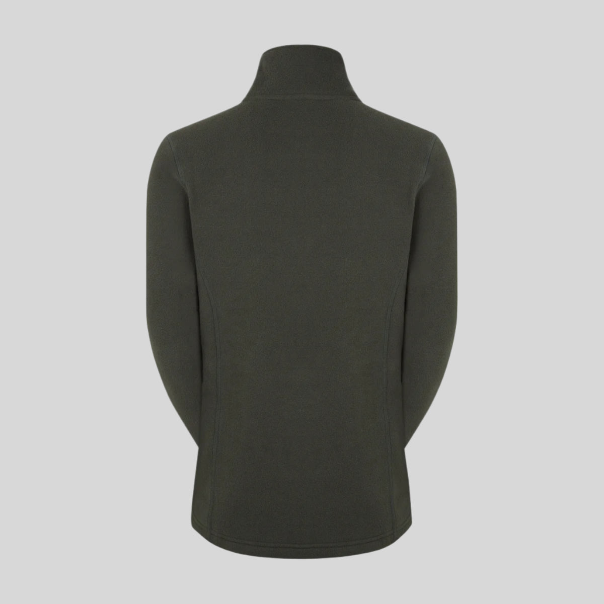 Back view of a green fleece sweatshirt with a half zipper and a Ridgeline Clothing logo on the chest. On a white background