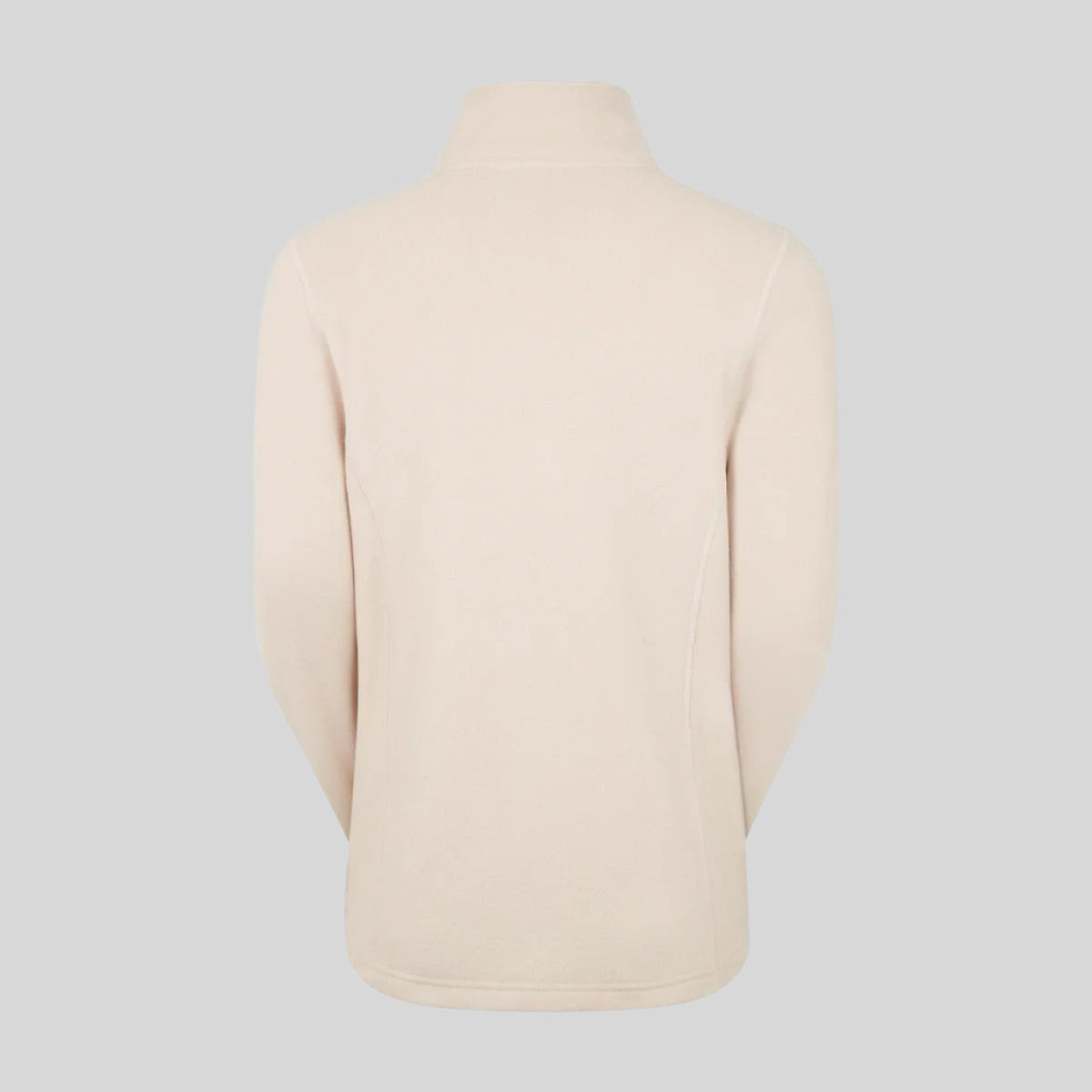 back view of a Cream fleece sweatshirt with a half zipper and a Ridgeline Clothing logo on the chest.