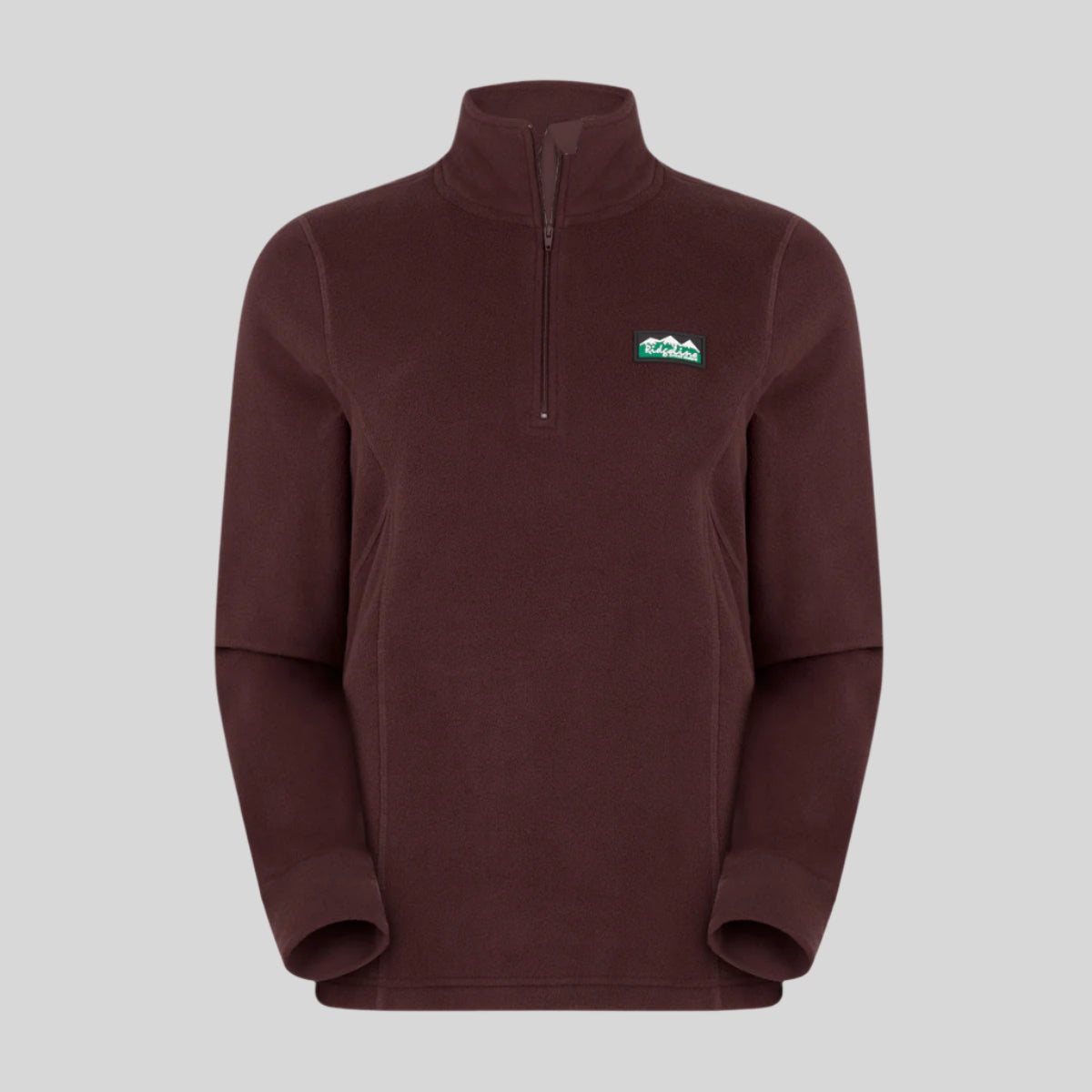 A Red fleece sweatshirt with a half zipper and a Ridgeline Clothing Logo on the chest.