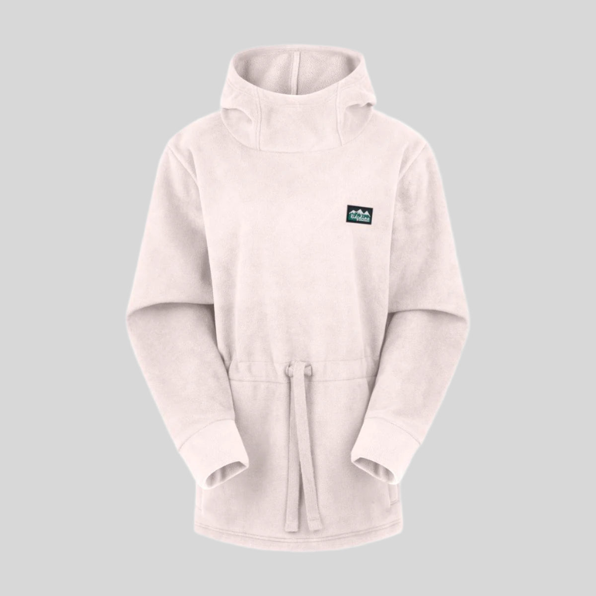 A white fleece hoodie with a high collar, hood, and two pockets, displayed against a white background.