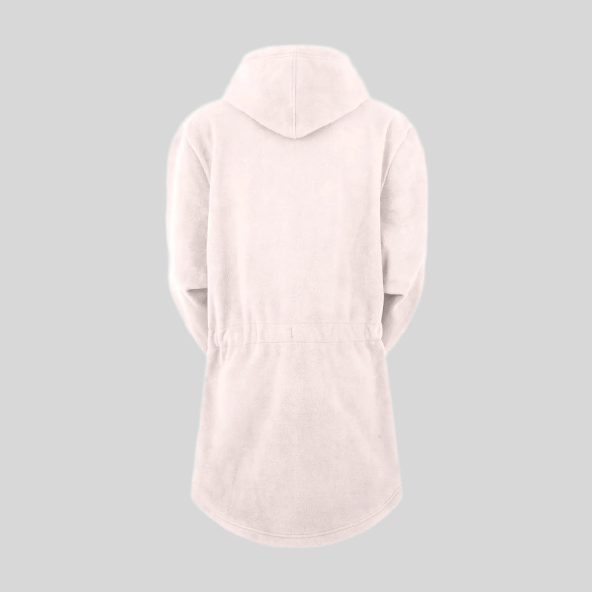 Back shot of a white fleece hoodie with a high collar, hood, and two pockets, displayed against a white background.
