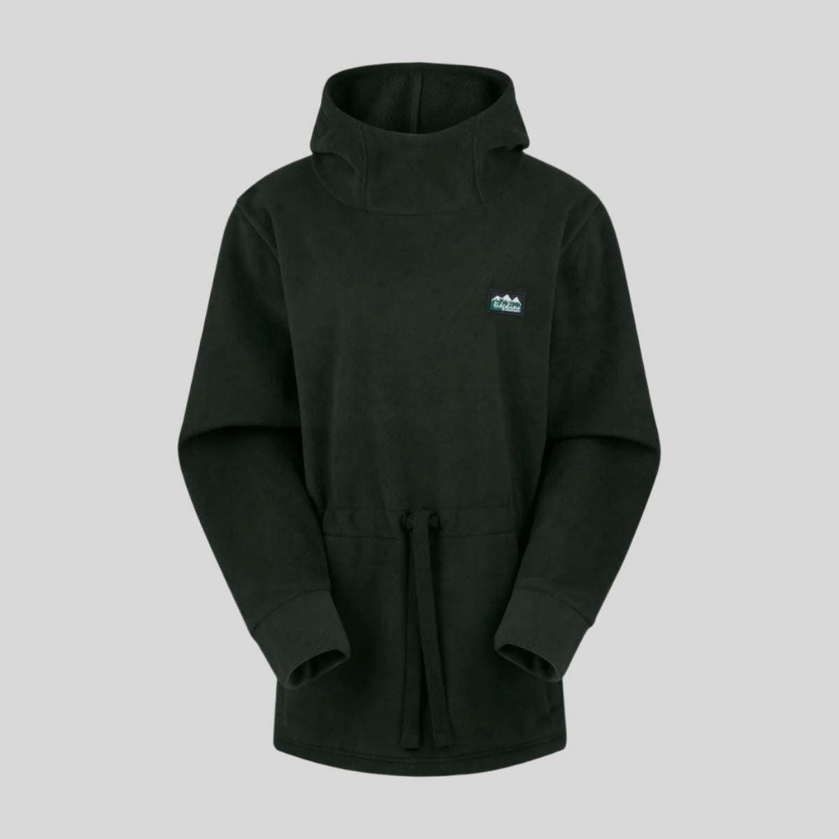 A dark green fleece hoodie with a high collar and a small logo on the chest, featuring a drawcord waist and two front pockets. on a white background