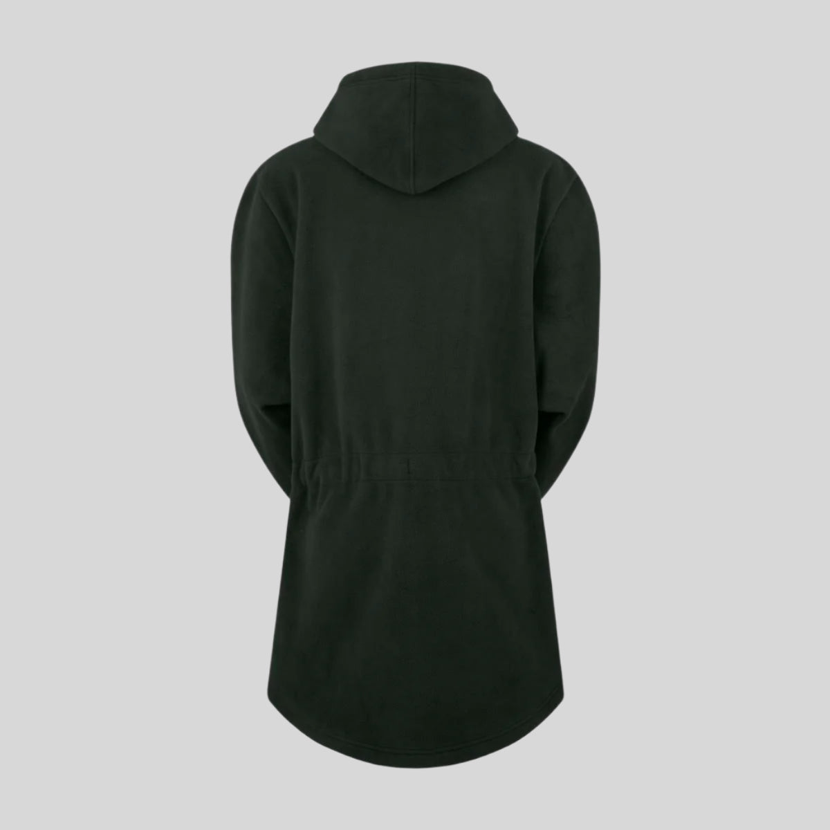 back view of green hooded fleece. on a white background