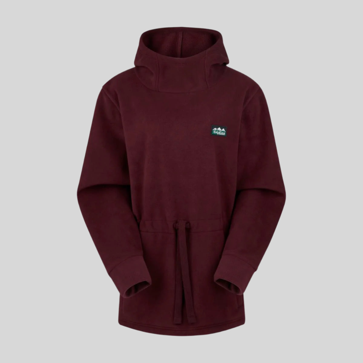 A red fleece hoodie with a high collar, hood, and two pockets, displayed against a white background.