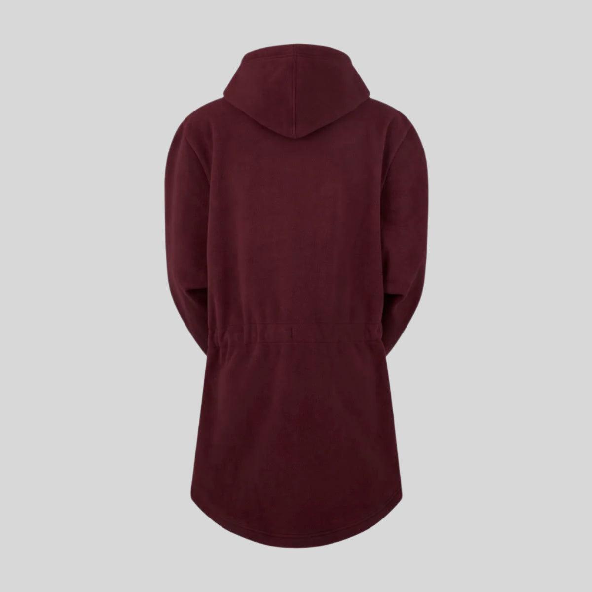 back view of red fleece with hood. On a white background