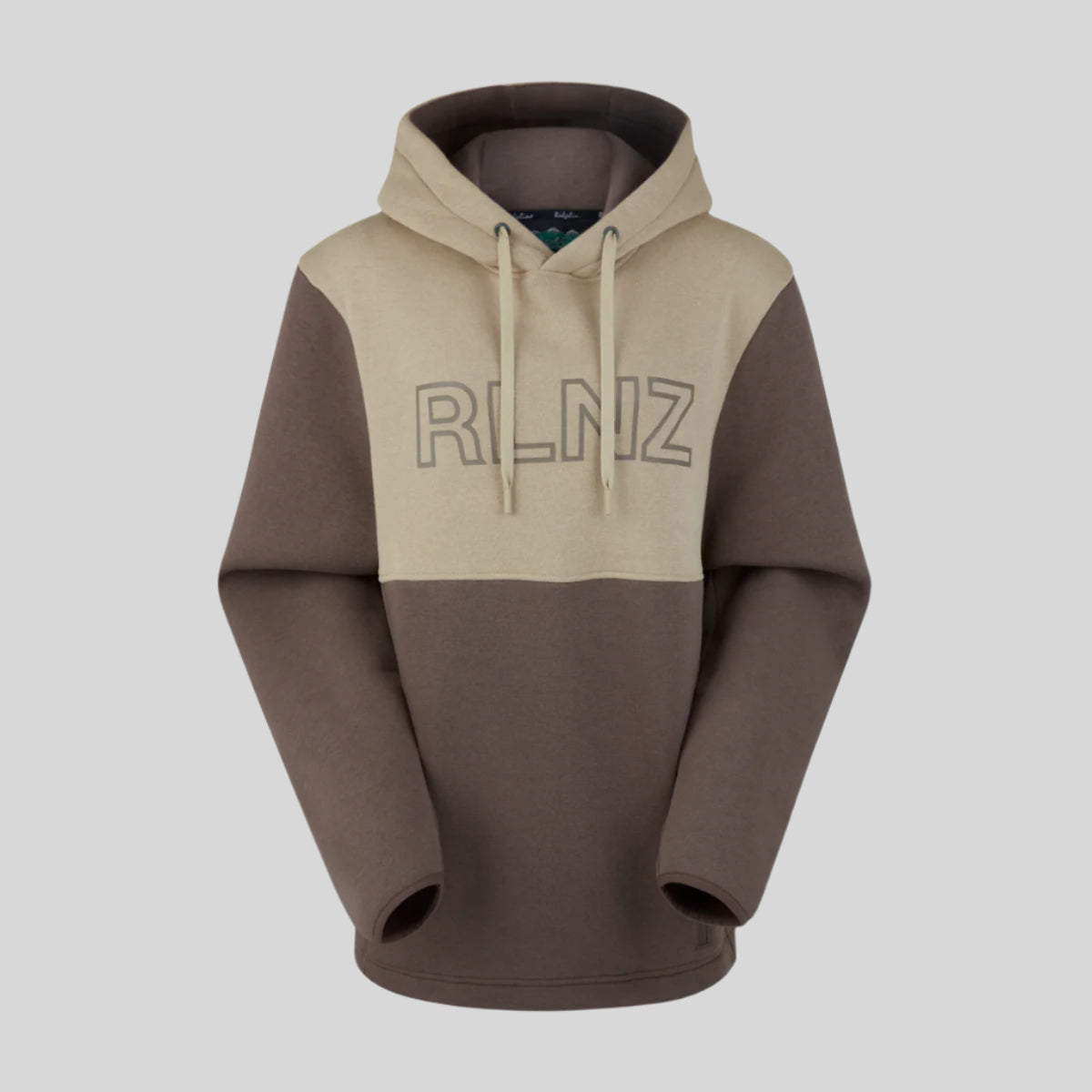 A two-tone brown and beige hoodie with a hood, kangaroo pocket, and the brand name 'RLNZ' printed across the chest.