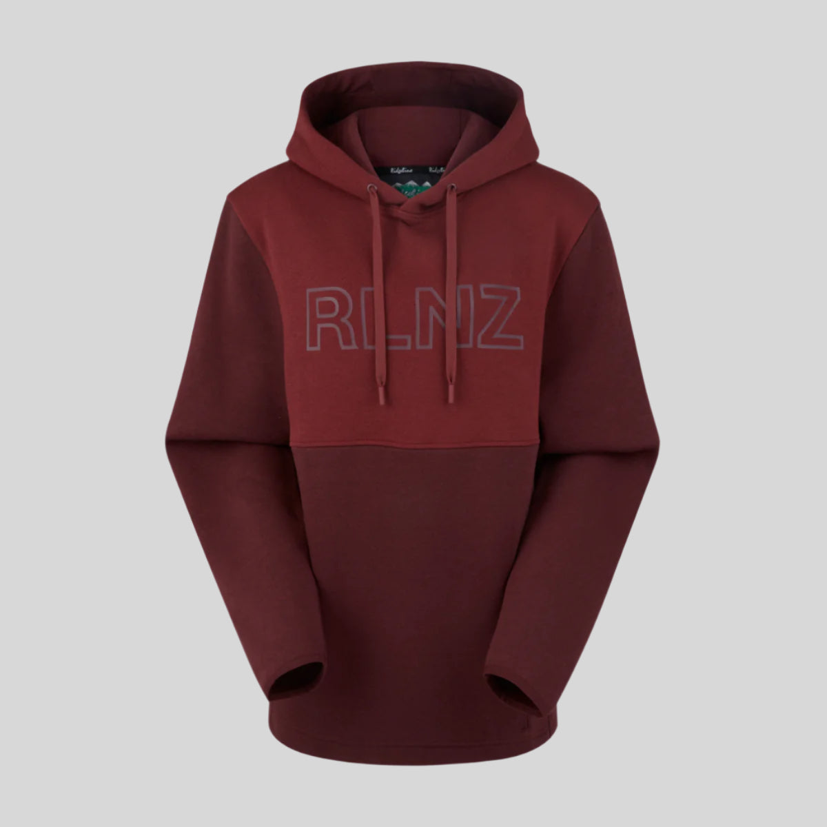 A two-tone red and maroon hoodie with a hood, kangaroo pocket, and the brand name 'RLNZ' printed across the chest.