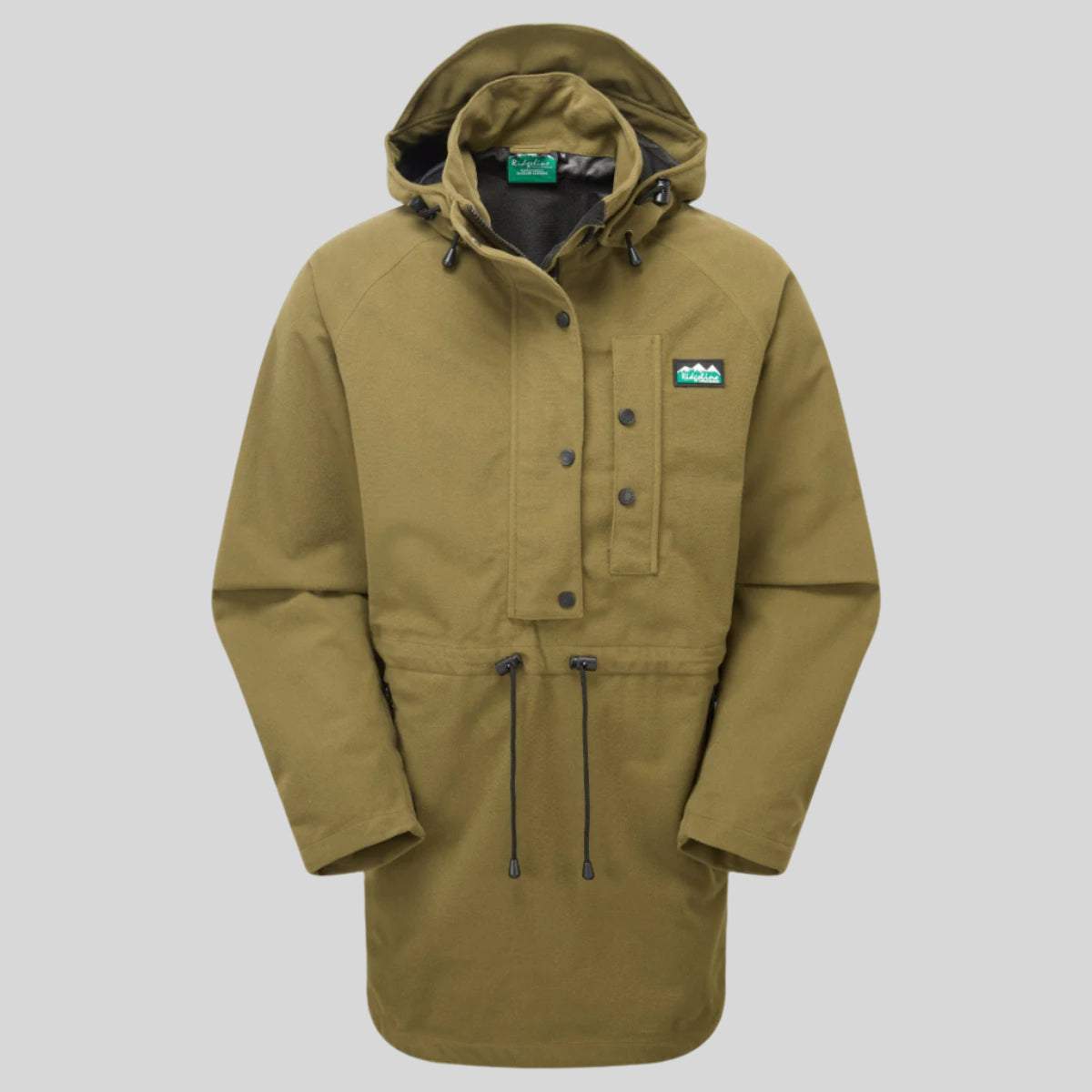 A brown Ridgeline Monsoon Classic Smock with a hood, chest pocket, and lower zip pockets. The smock features a full-length front zip and an overhead design with a scooped back.