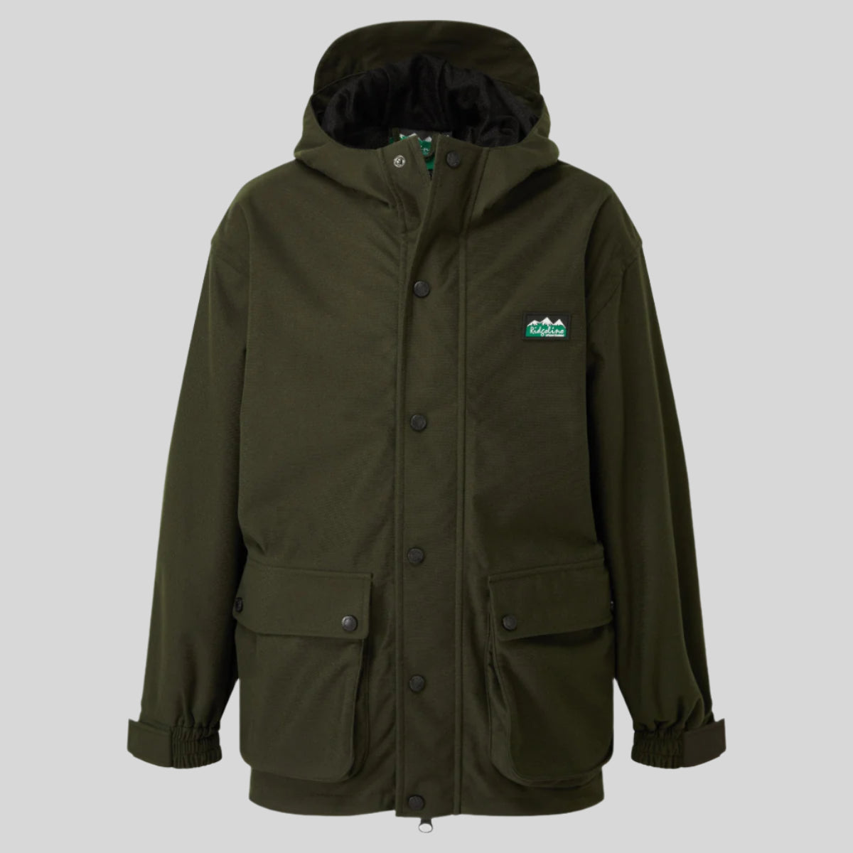 A green Ridgeline Spiker jacket with a fixed hood and bellows pockets, buttoned and zipped closed.