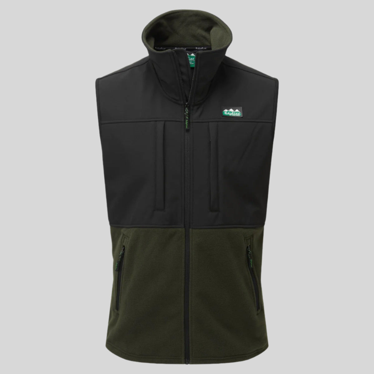 A hybrid vest featuring a combination of black windproof fleece gilet and green softshell materials, with a full-length front zip, chest pockets, and a high neck.