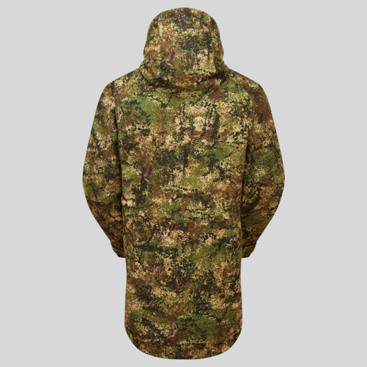 back view of A camo green & brown coloured Ridgeline Monsoon waterproof Jacket on a white background