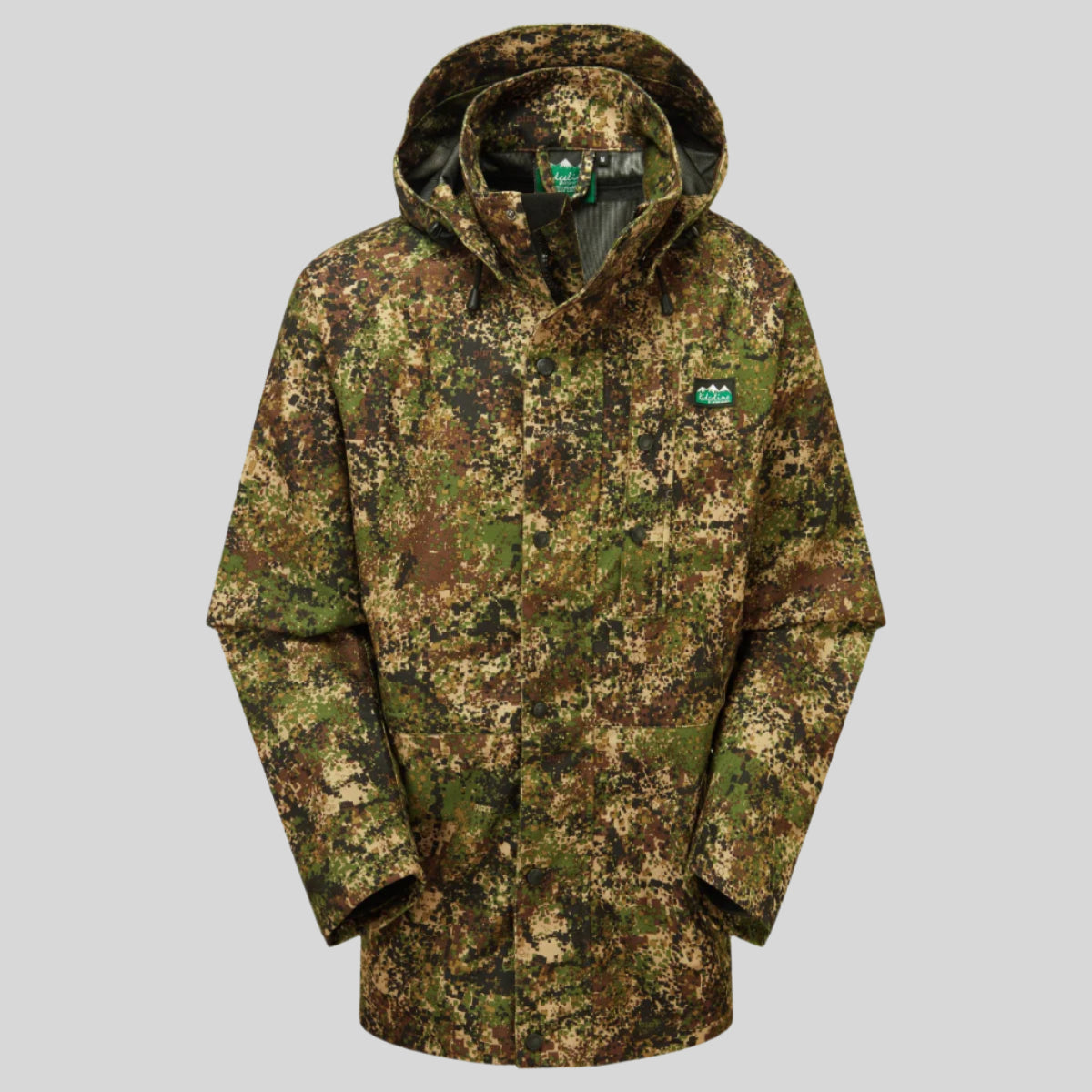 A camo green & brown coloured Ridgeline Monsoon waterproof Jacket with a detachable hood, zip front, and multiple pockets. on a white background