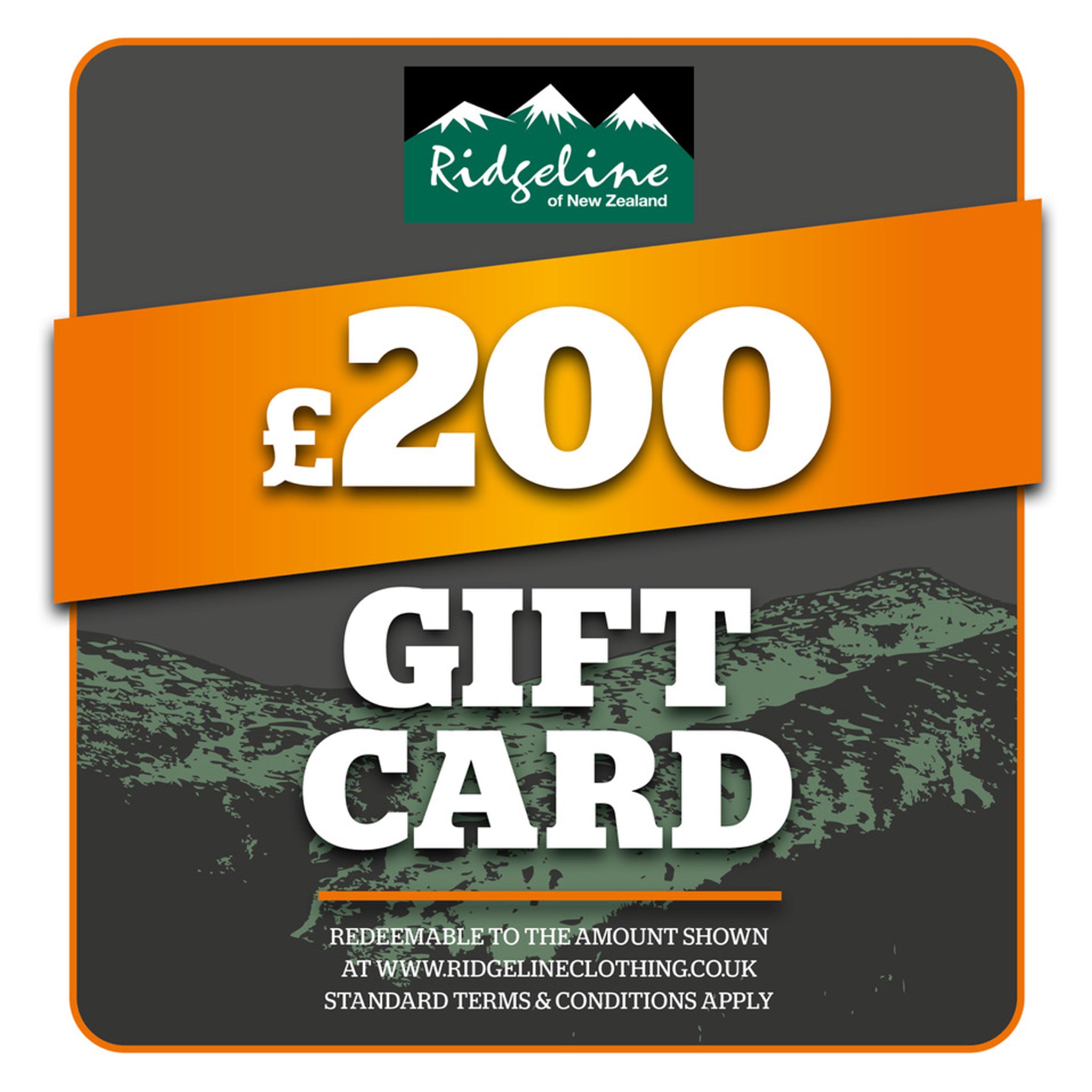 A digital gift card from Ridgeline Clothing with a value of £200, featuring a green and orange design with mountain graphics.