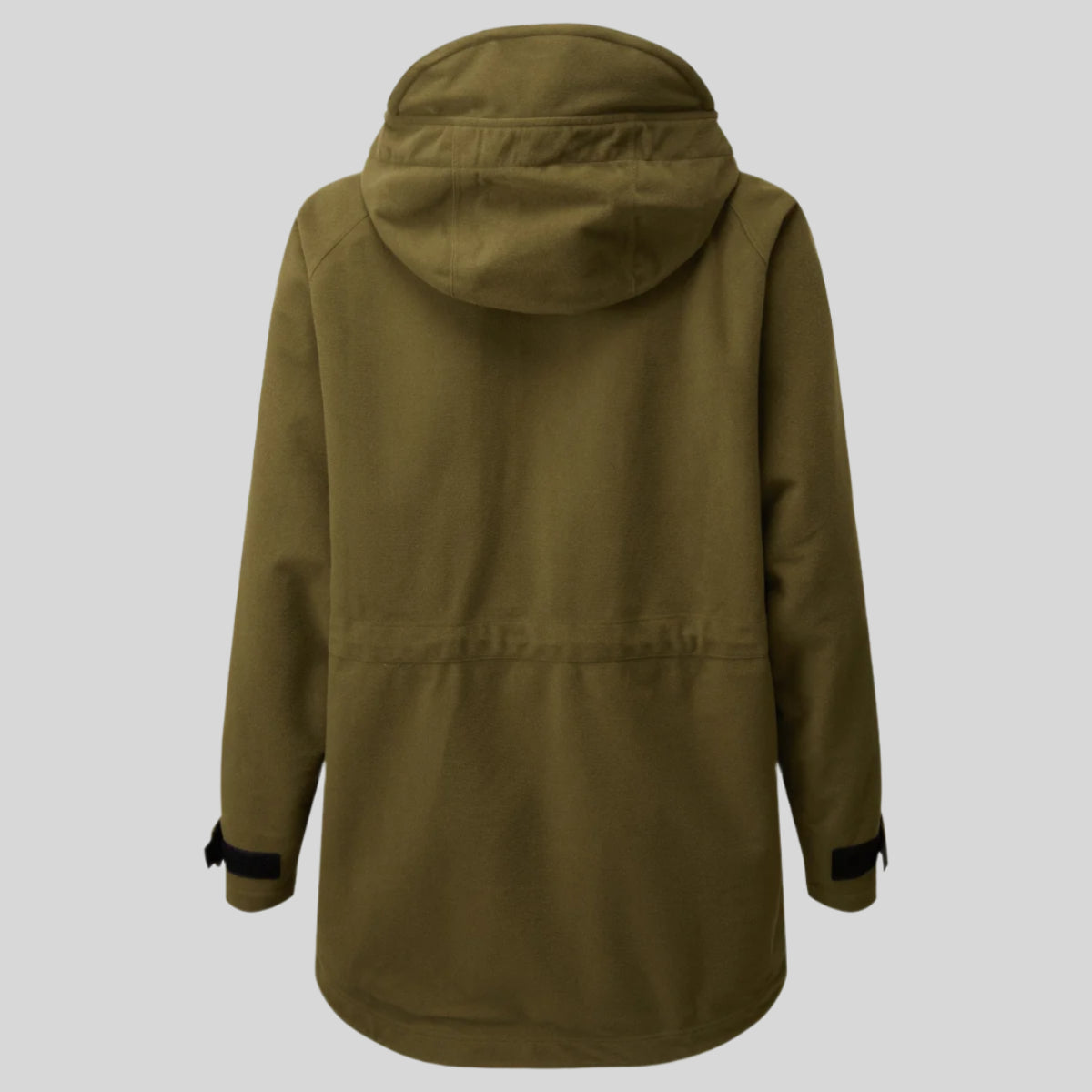 A brown Ridgeline waterproof smock for kids with a hood, back view on a white background.