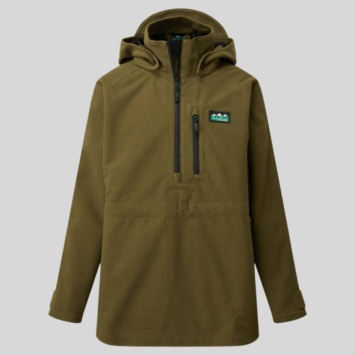 A brown Ridgeline waterproof smock for kids with a hood, featuring multiple zippered pockets and a long ventilating neck zip.
