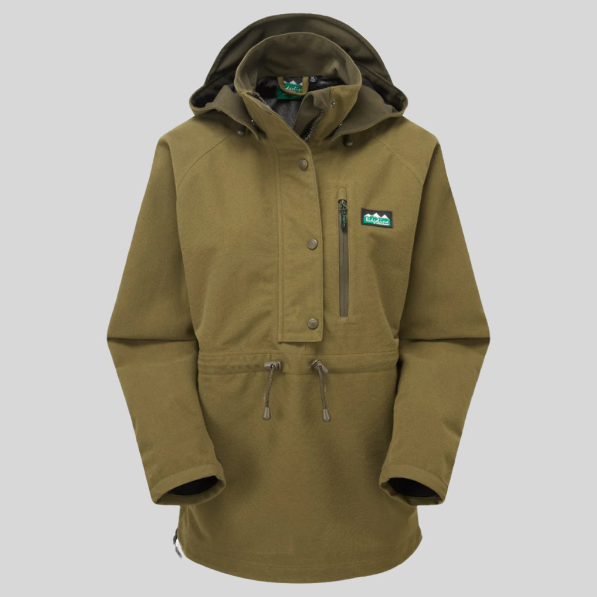 A brown Monsoon II Classic Smock with a hood, featuring a front zip and multiple pockets. on a white background