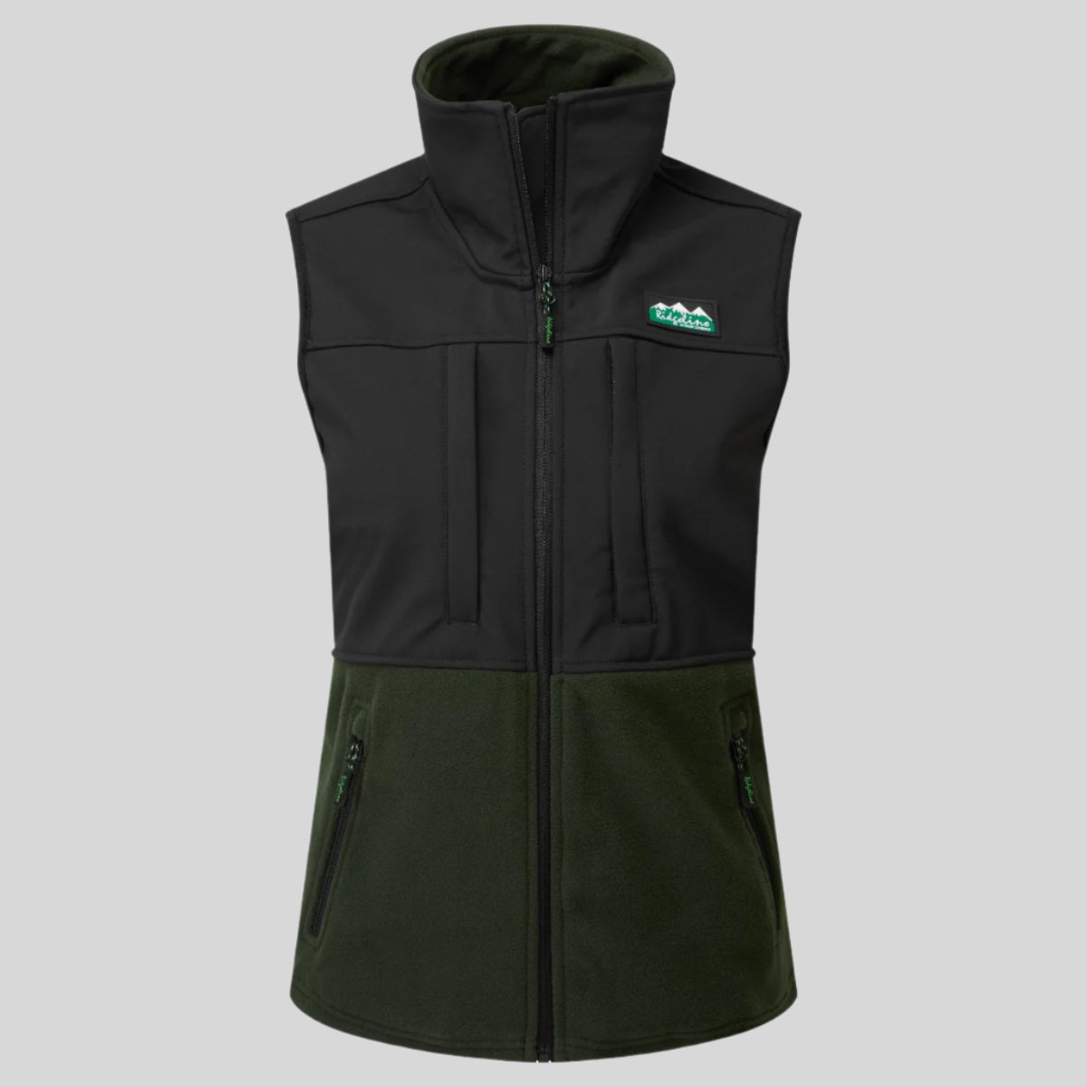 A black and green hybrid vest with a full-length front zip, chest pockets, and an adjustable drawcord at the hem.