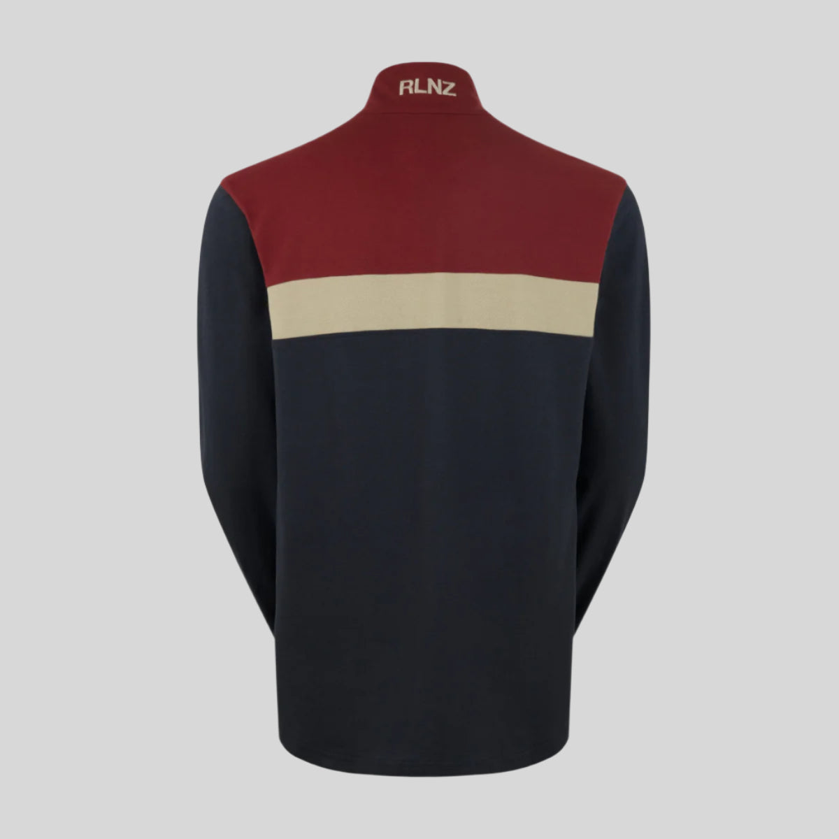 Color-blocked pullover with red, beige, and navy sections on a white background