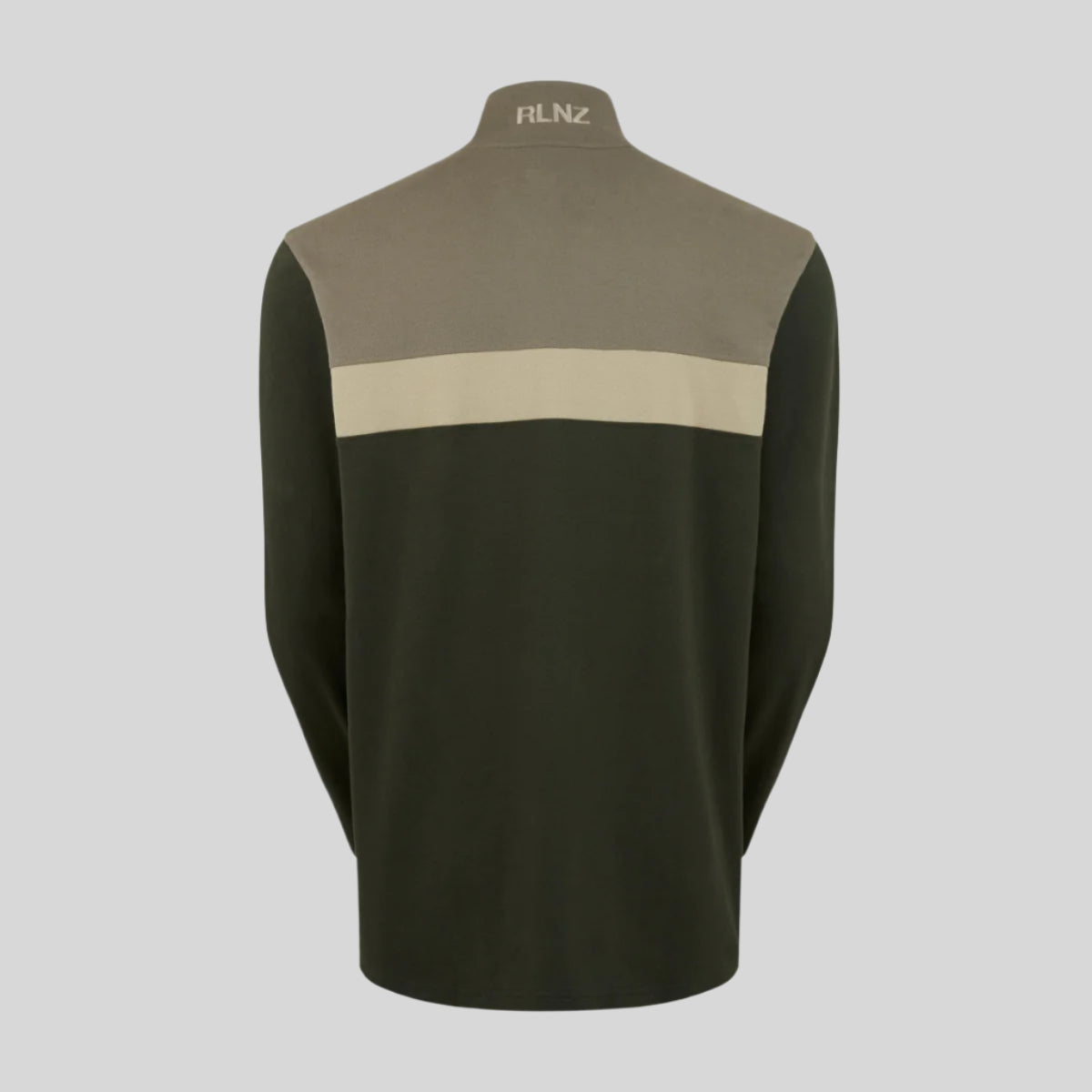 Back view of a green and beige jacket with 'RLNZ' branding on a white background