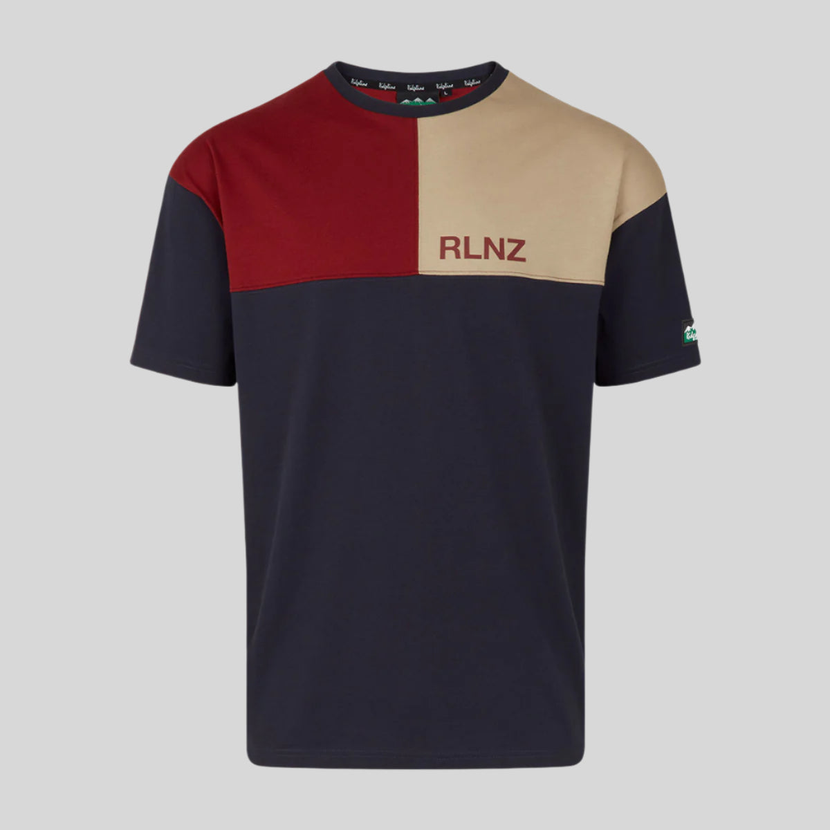 Colour-blocked t-shirt with red, beige, and navy sections on a white background