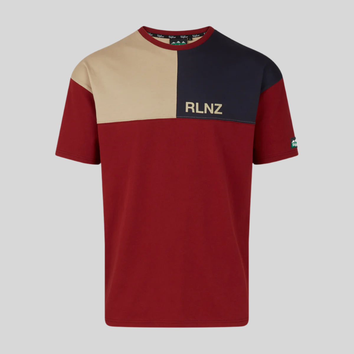 Color-blocked t-shirt with 'RLNZ' branding on a white background