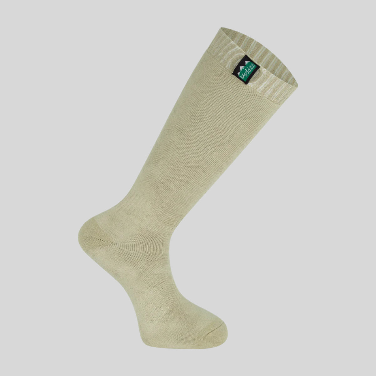 Beige knee-high sock with a brand logo on a white background