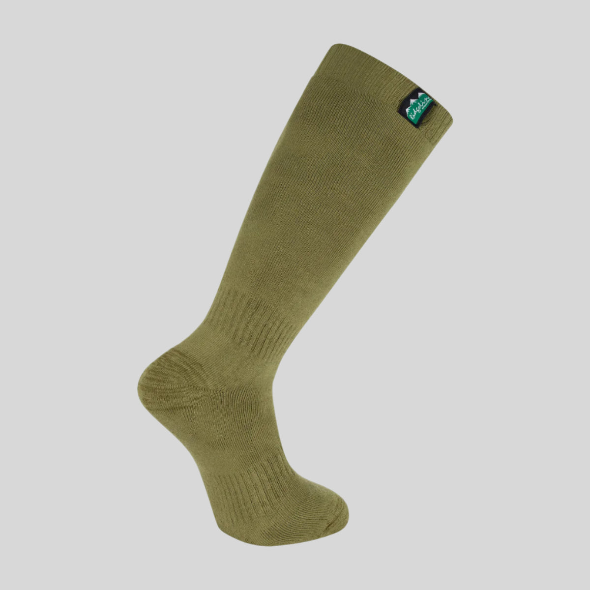 Green knee-high sock with a brand logo on a white background