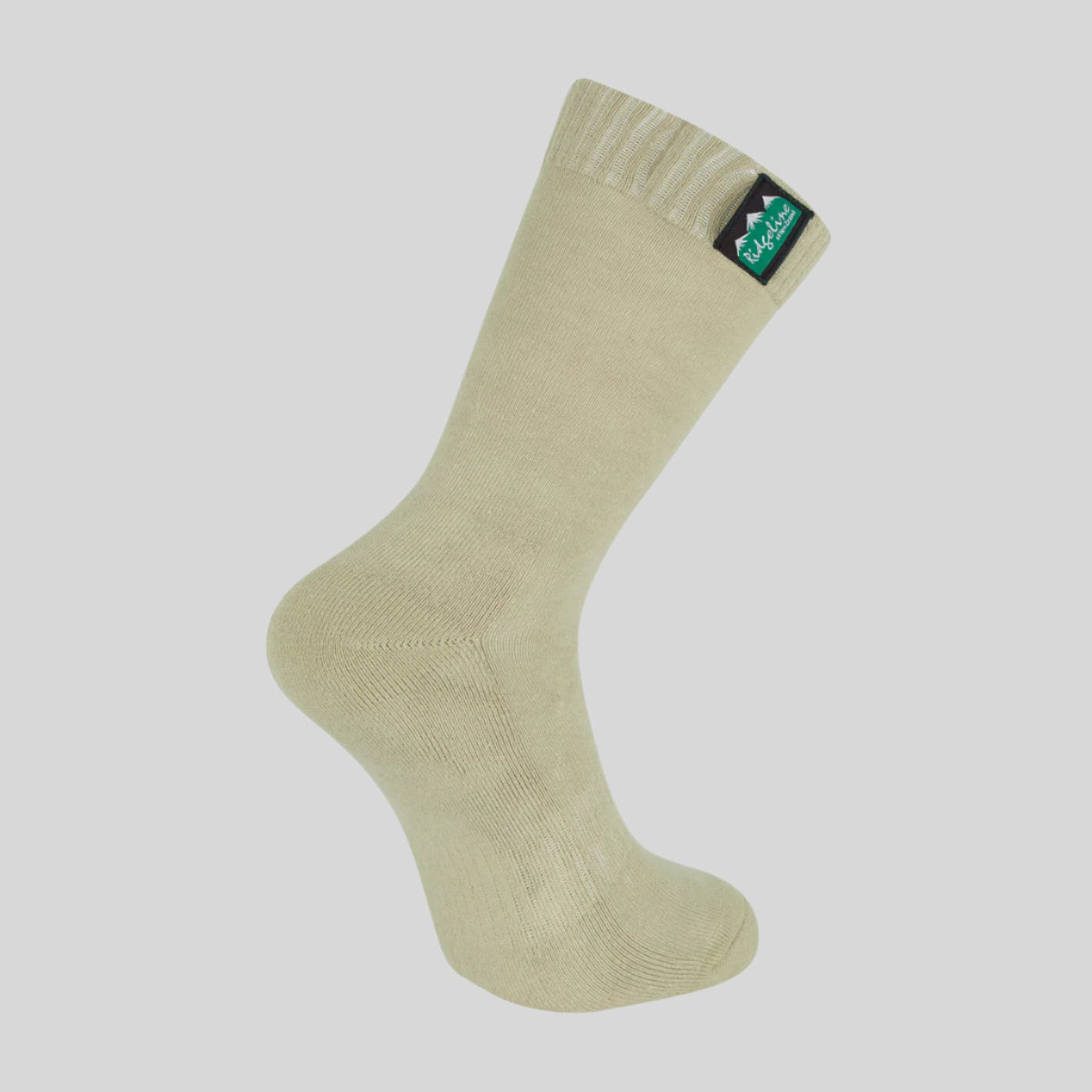 Beige sock with a brand logo on a white background