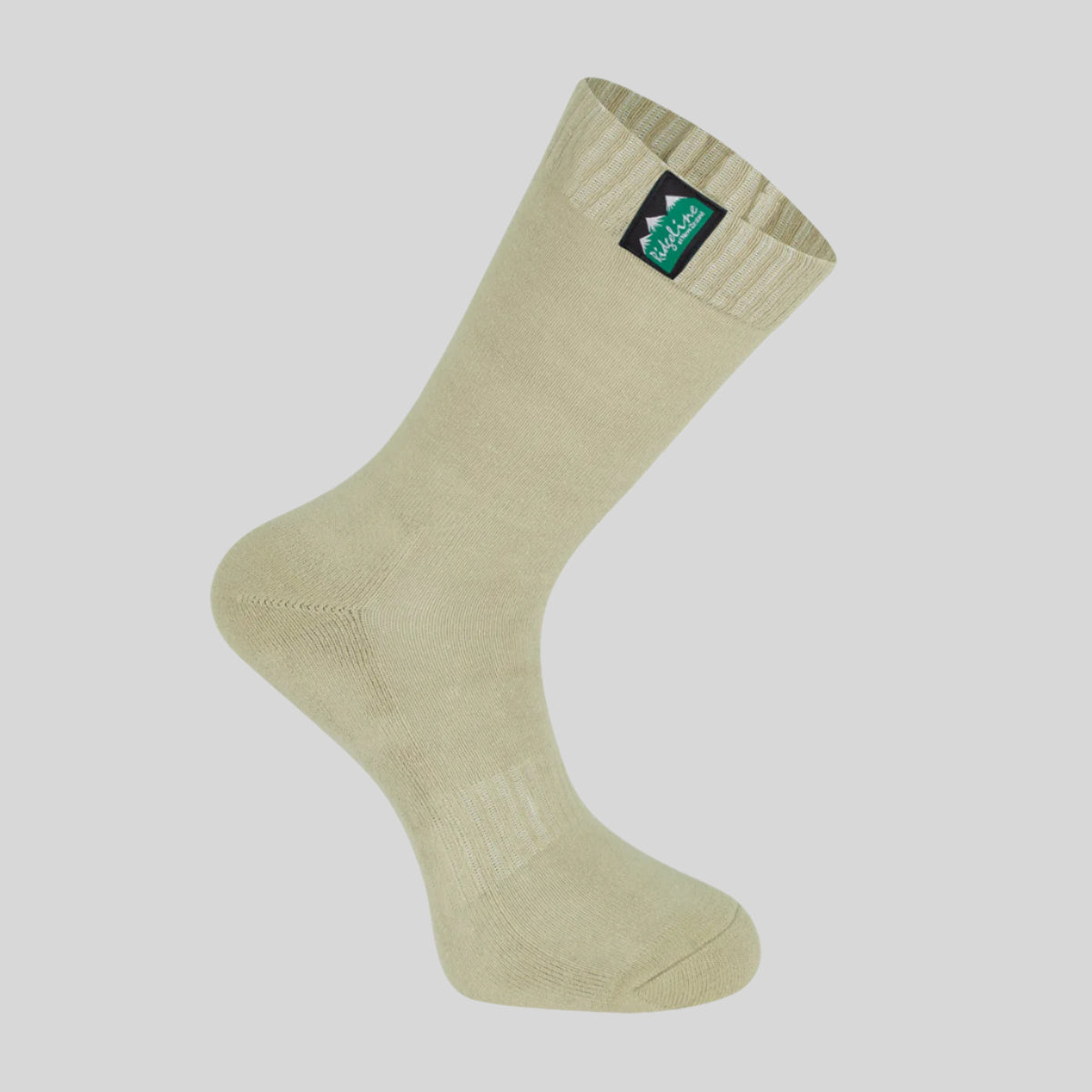 Beige sock with a brand logo on a white background