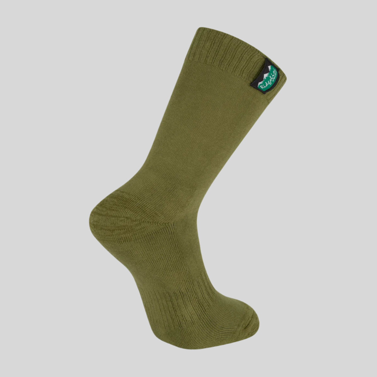 Green sock with a brand logo on a white background