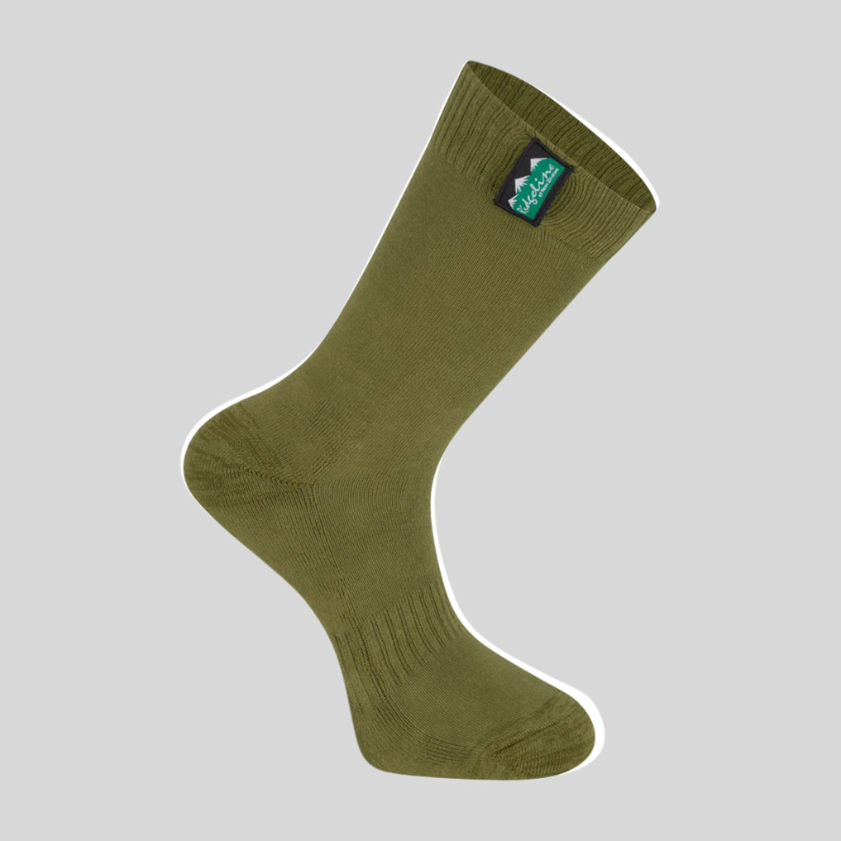 Green sock with a brand label on a white background