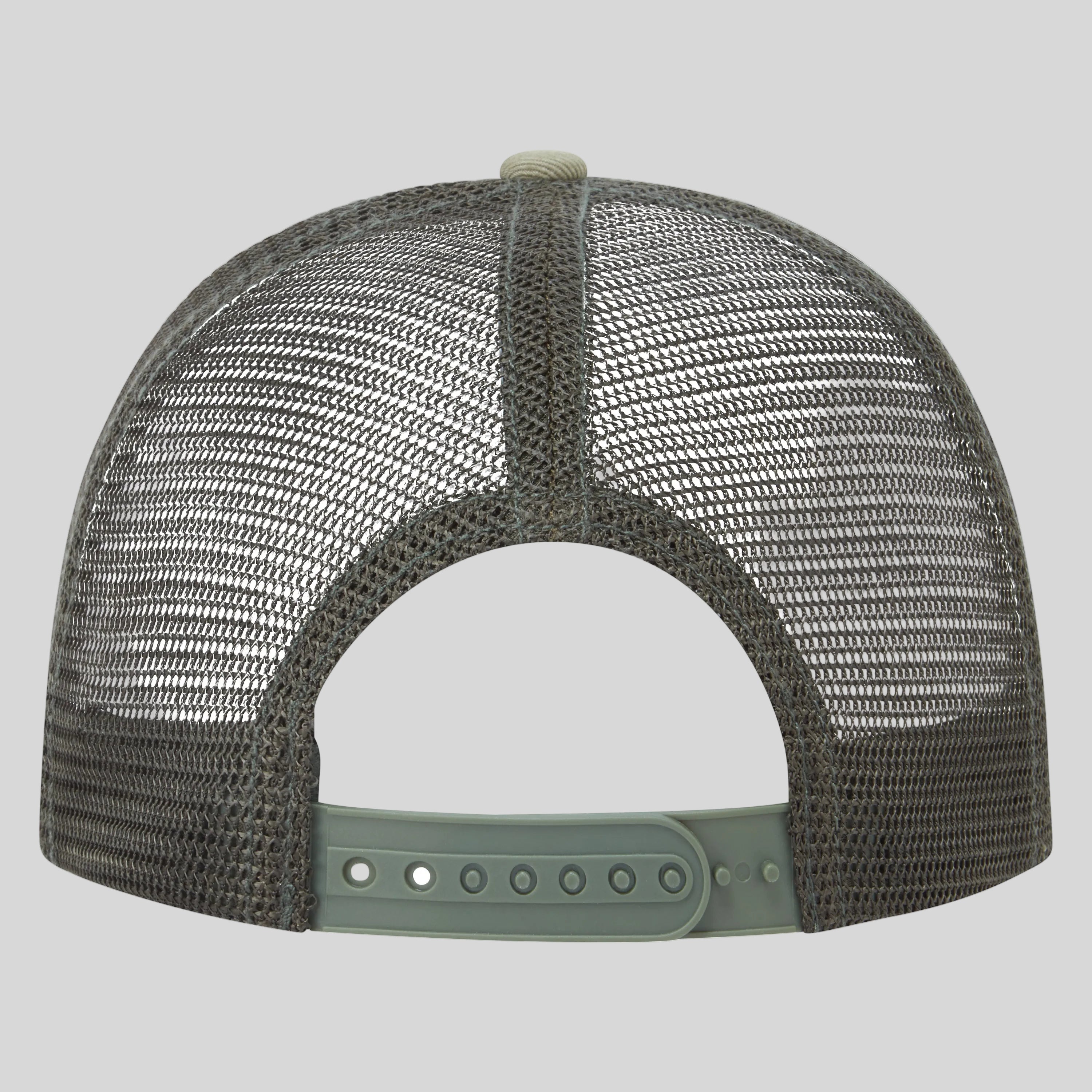 Trucker hat with mesh back and green band on a grey background