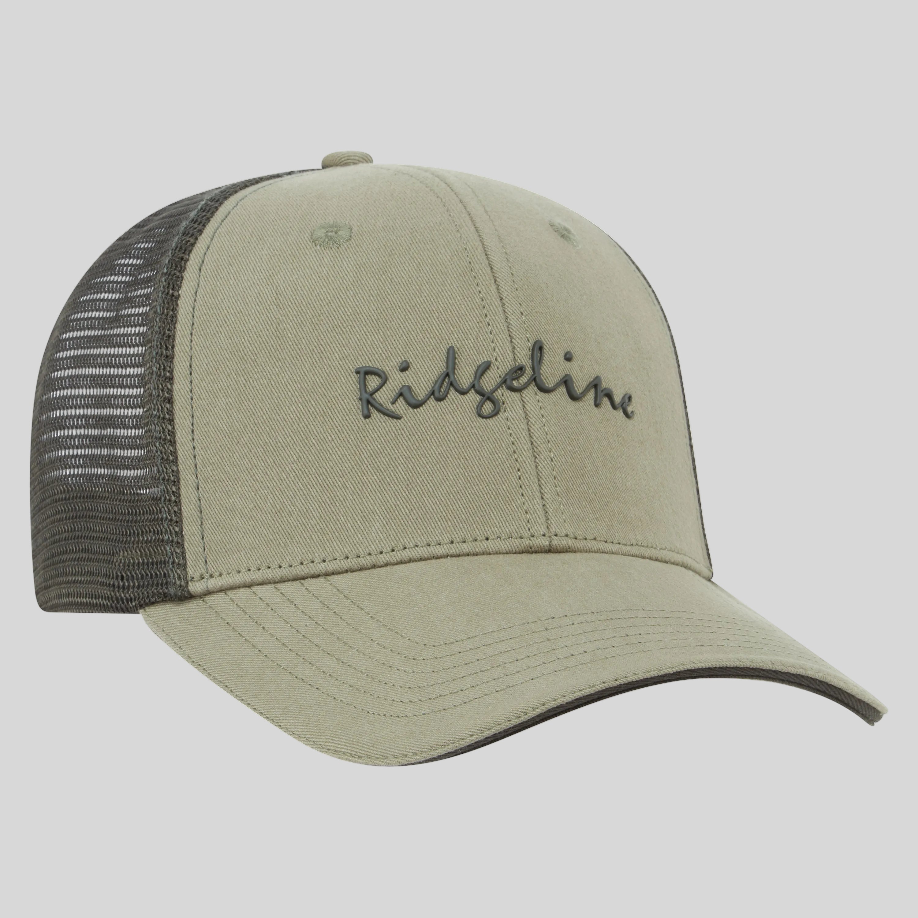 Green trucker cap with 'Ridgeline' embroidery on a grey background