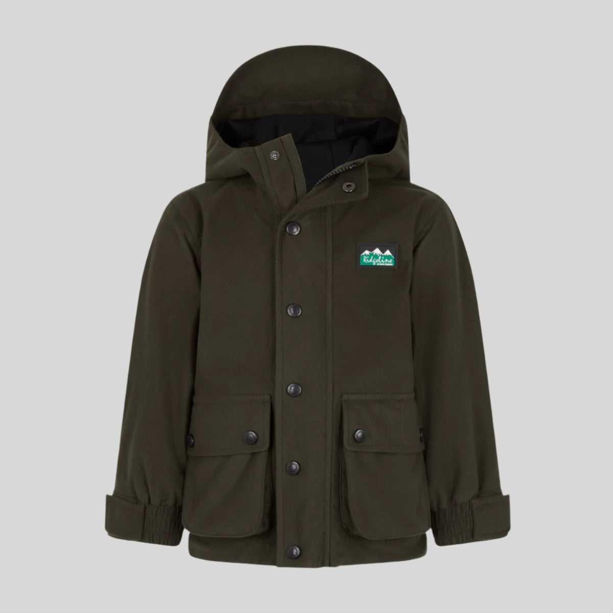 A green Kids' Spiker waterproof jacket with a hood and front zip, featuring cargo pockets and branding on the chest.