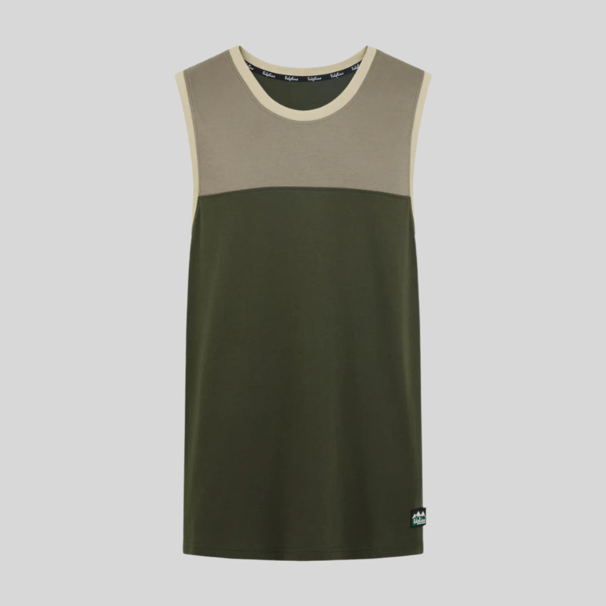 A sleeveless singlet top with a beige upper and green lower colour blocks, featuring a round neckline and a small brand logo on the bottom right. On a white background