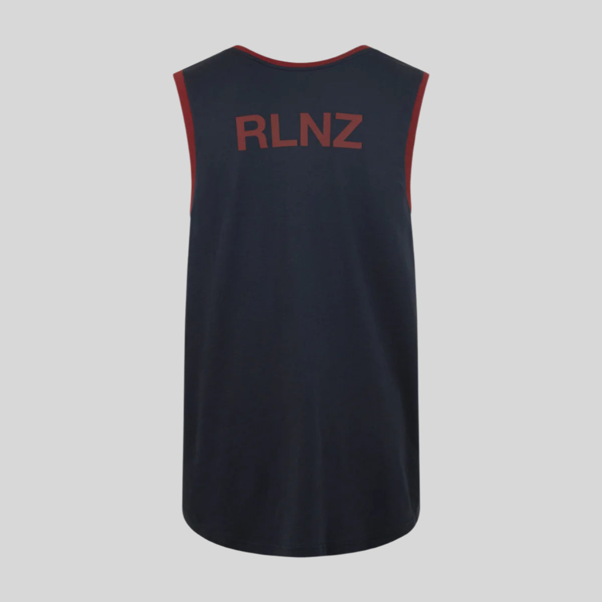 navy sleeveless shirt with red 'RLNZ' logo on a white background