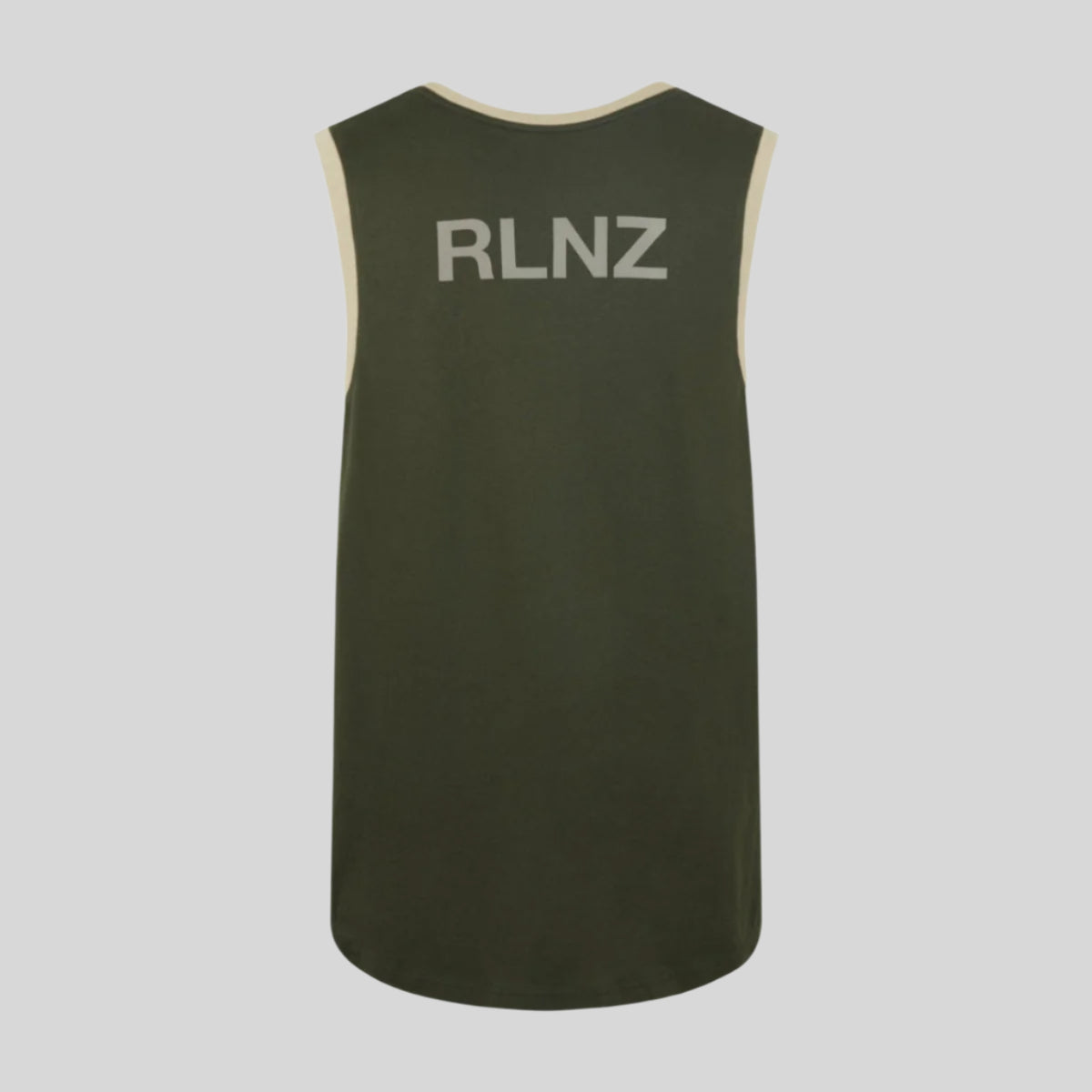Green sleeveless shirt with 'RLNZ' branding on a white background