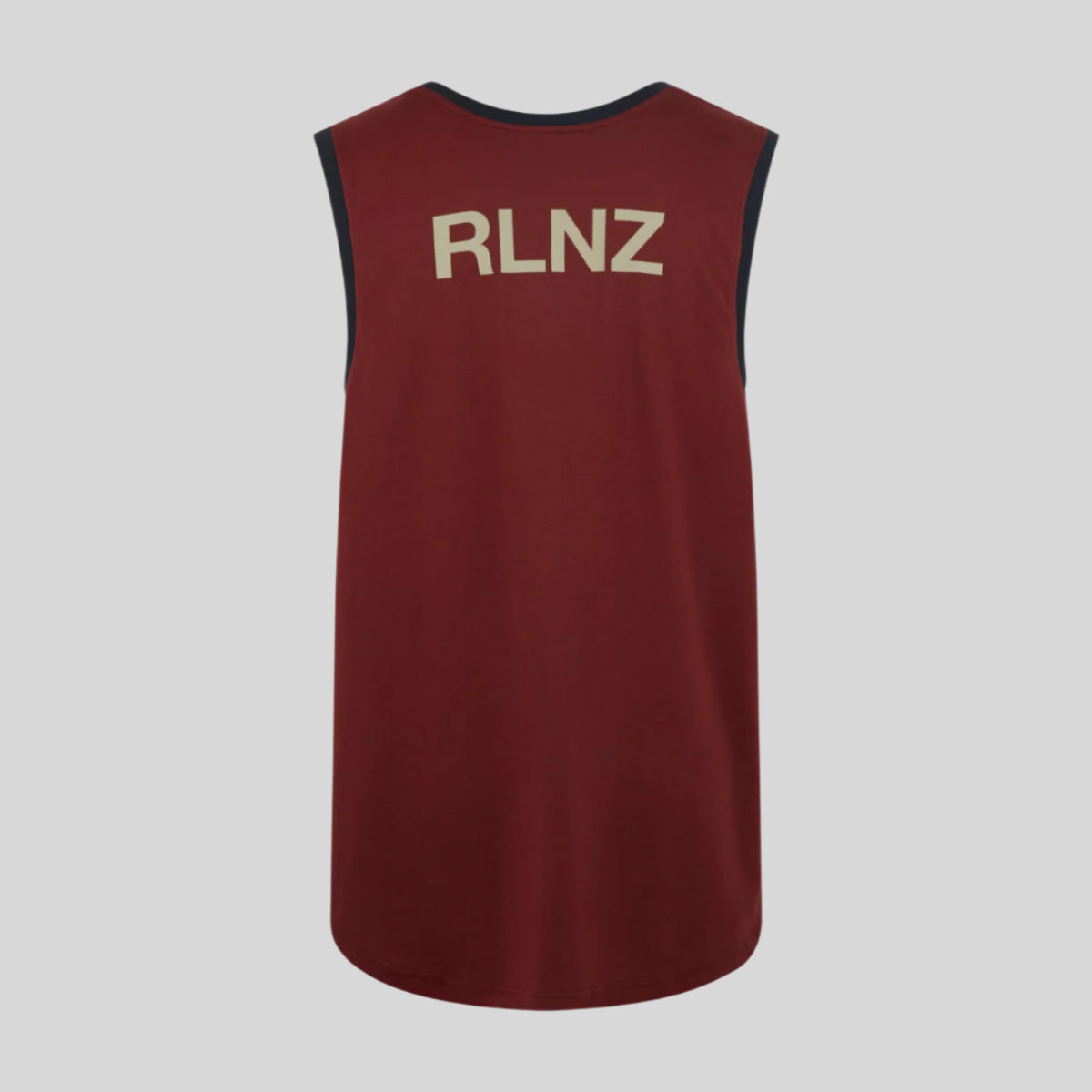 Maroon sleeveless vest with 'RLNZ' text on a white background