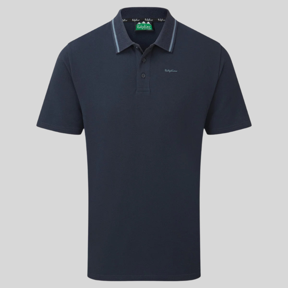 A Navy Kilworth polo top with a fully fashioned collar, branded collar trim, and a classic three-button placket. On a white background