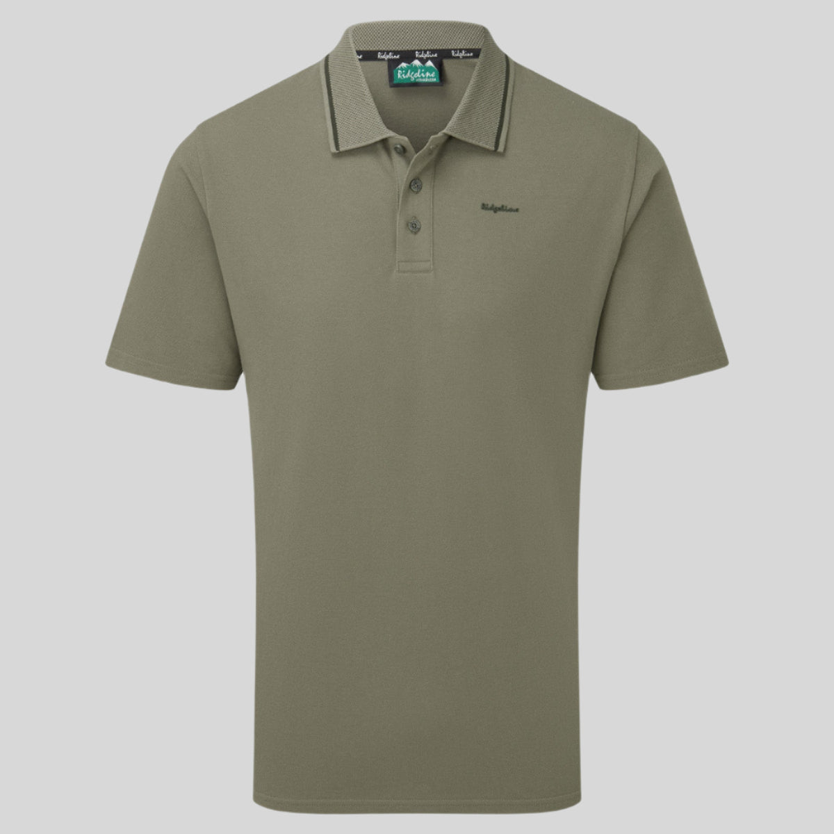 A green Kilworth polo top with a fully fashioned collar, branded collar trim, and a classic three-button placket, with the Ridgeline Signature logo