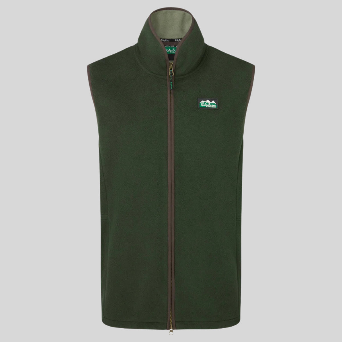 A green windproof fleece gilet with a high collar, two-way front zip, and hand pockets with zippers. It features a premium faux-suede trim.