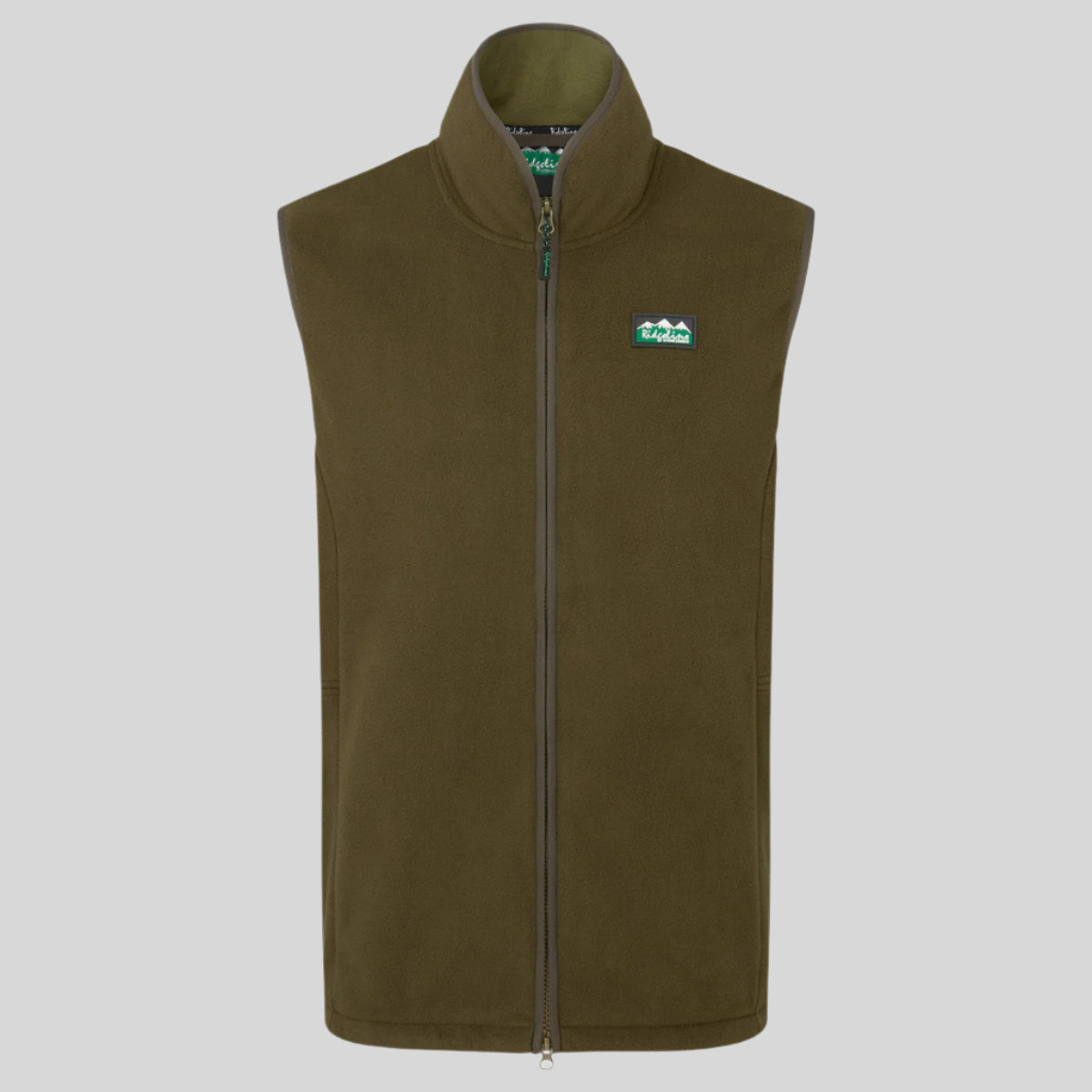 A brown windproof fleece gilet with a high collar, two-way front zip, and hand pockets with zippers. It features a premium faux-suede trim. on a white background