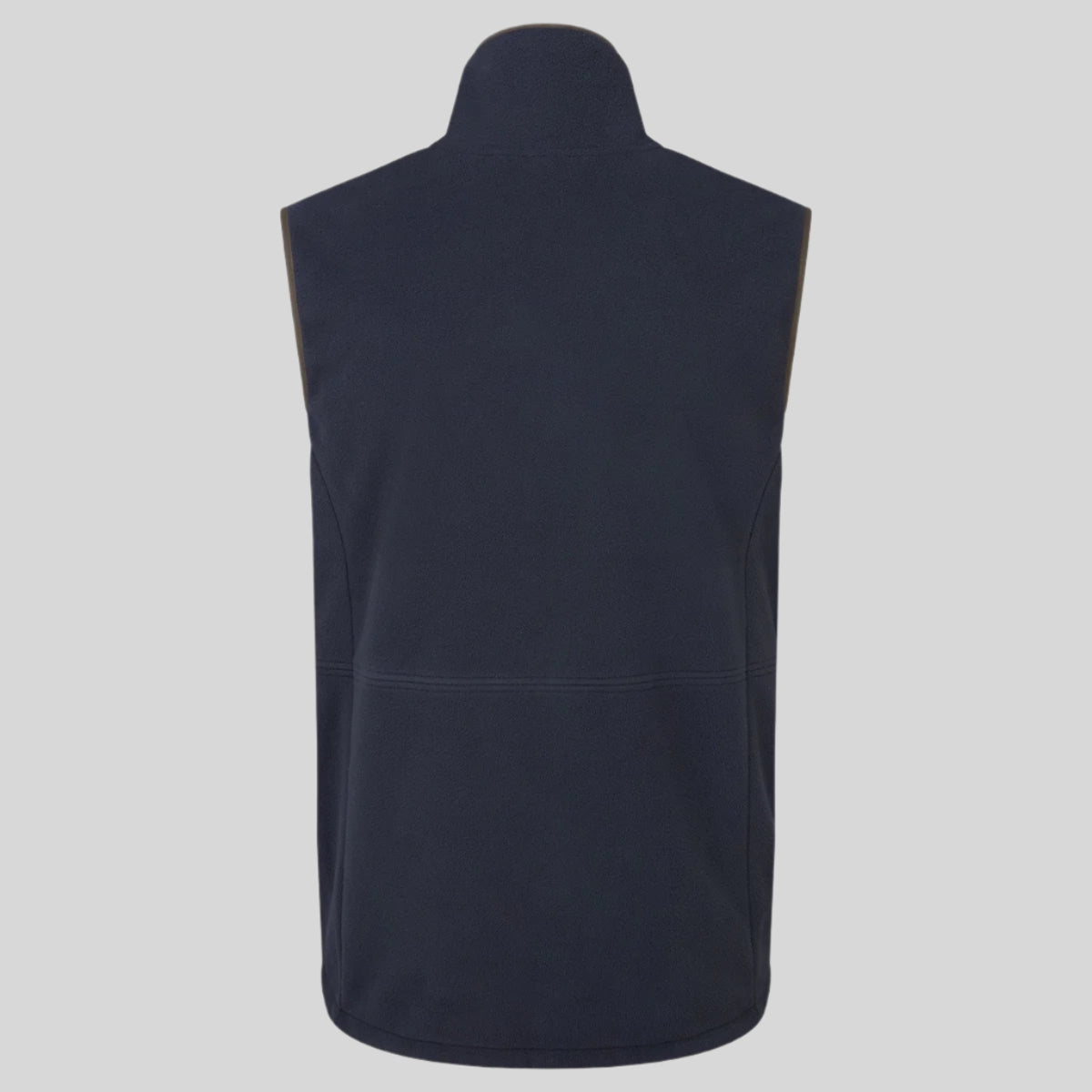 A navy fleece gilet with a high collar, on a white background