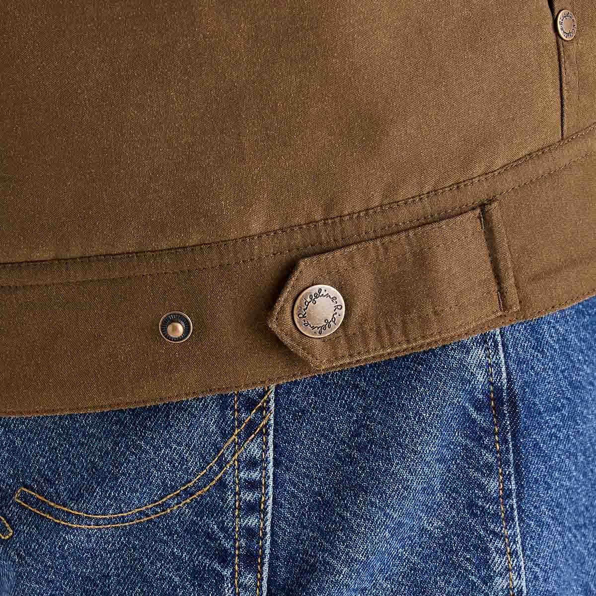 Close-up of a brown jacket with a button and blue jeans
